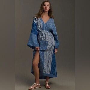 NWT By Anthropologie Long Sleeve Gauze 100% Cotton Blue Grey Blue Maxi Dress OS